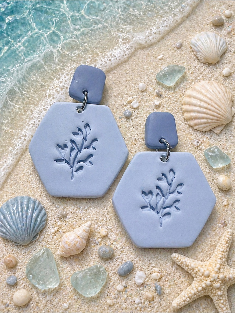 Hexagon Lavender Blue Botanical Handmade Polymer Clay Earrings